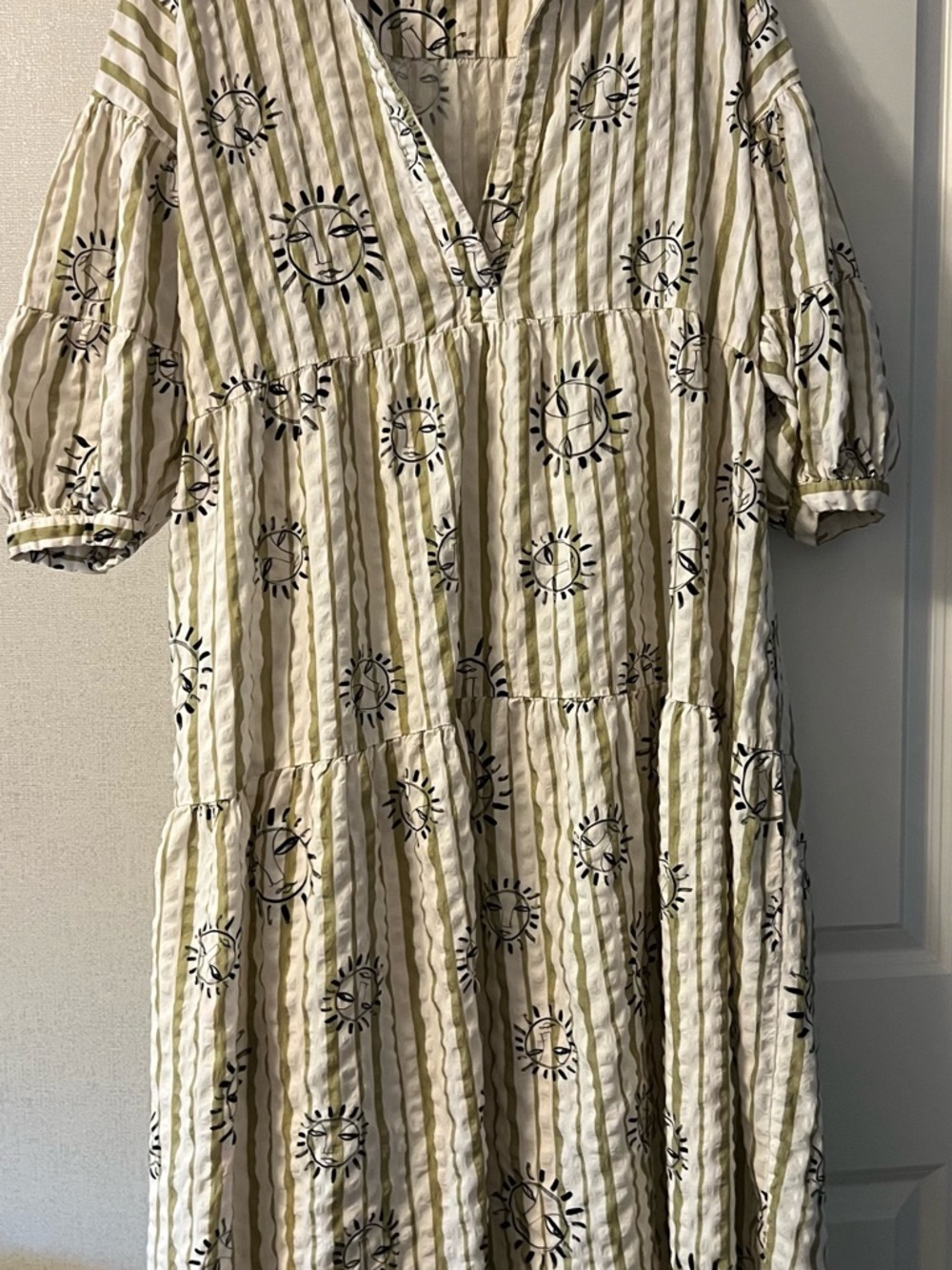Anthropologie Ivory & Sage Striped Sun-Print Tiered Midi Dress